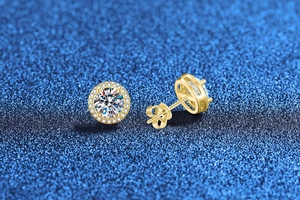 Detailed side view of gold 925 silver stud earrings with round moissanite and halo setting