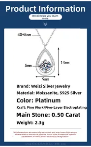 Dimensions détaillées du collier goutte en argent S925 avec pierre de moissanite 0,5 ct