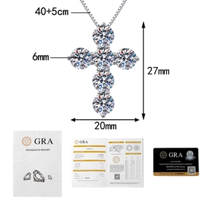 Detail view of 4.8ct cross moissanite necklace with GRA certificate and size dimensions