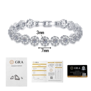 Detail showing 3mm moissanite sunflower bracelet with GRA certificate and measurements