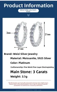 Spécifications de taille des créoles en argent S925 moissanite 3ct avec diamètre 21mm