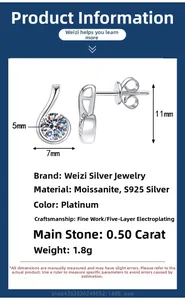 Detailed S925 sterling silver moissanite earring specifications with 0.5ct stone dimensions