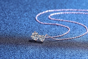 Close-up of dual-stone moissanite pendant in rose gold with bright round brilliant cut