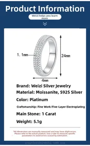 Detailed specs of S925 silver moissanite ring with 1ct stone and 4mm band width