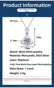 Detailed size specifications for a 1-carat moissanite fan-shaped pendant necklace
