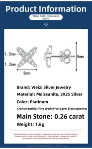 Detail view of X-shaped moissanite earrings in S925 silver with 8mm dimensions