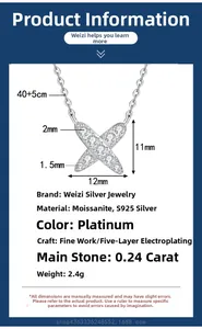 Detailed size chart for S925 sterling silver X-shaped pendant moissanite necklace