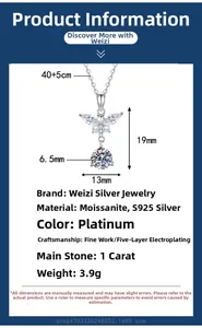 Macro detail of S925 sterling silver butterfly pendant with 1ct moissanite and dimensions