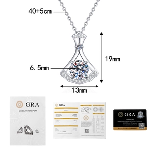 Detail of Moissanite skirt pendant with size dimensions and professional GRA certificate