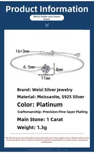 Detailed specifications of a 1 carat moissanite and s925 silver adjustable bracelet