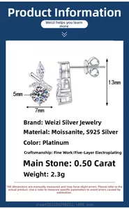 Moissanite S925 silver stud earrings dimensions showing 13x7mm with 0.5ct stone