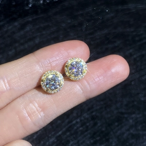 Round halo moissanite stud earrings in 18k gold plated 925 silver with sparkling finish