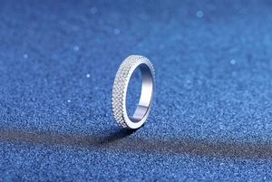 Detailed close-up of S925 sterling silver ring with three rows of pavé moissanite stones