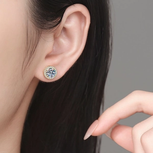 Classic 925 sterling silver halo stud earrings with gold plating and round moissanite