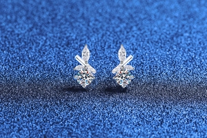 Detailed view of S925 sterling silver bamboo leaf earrings with marquise cut moissanite stones