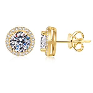 Classic 925 sterling silver gold-plated halo stud earrings with brilliant round moissanite