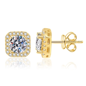 Boucles d'oreilles halo carré en moissanite 1 carat et argent sterling plaqué or 14 carats