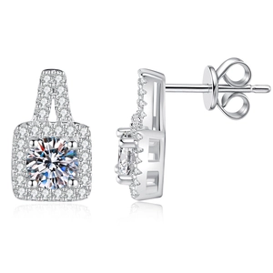Luxurious S925 sterling silver princess square halo earrings with moissanite stones