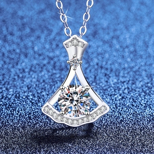 Luxury 925 Sterling Silver Fan Shaped Moissanite Pendant Necklace Elegant Skirt Shape Rhinestone Clavicle Chain For Women