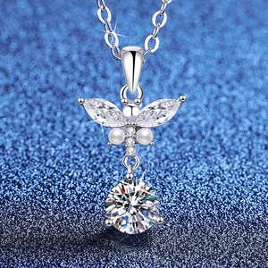 Luxury 925 Sterling Silver Moissanite Butterfly Pendant Necklace With GRA Certificate For Women Elegant Artificial Pearl Inlaid Cross Chain Jewelry Gift