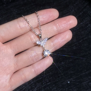 Elegant S925 sterling silver butterfly necklace with moissanite and round pearl pendant