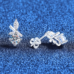S925 sterling silver moissanite stud earrings featuring leaf-shaped marquise stones