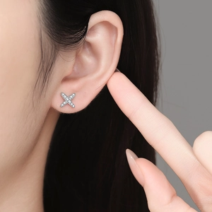 Elegant s925 silver cross X-shaped stud earrings with sparkling pave moissanite stones
