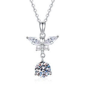 S925 sterling silver butterfly necklace with moissanite, pearl and marquise stones