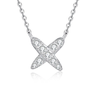 S925 sterling silver X-shaped necklace with brilliant moissanite pavé on white background