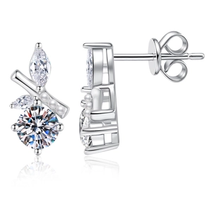 Bamboo leaf s925 silver stud earrings with moissanite and pearls on white background