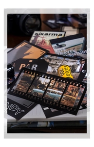 Detailed view of vintage PET sticker film strips and nostalgic scrapbooking material
