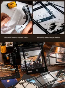 Macro shot of waterproof vintage camera PET stickers showing adhesive backing and film motifs