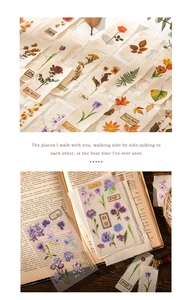 Details von Vintage Blumen PVC-Aufklebern und bedruckten Stoffstreifen für Journaling