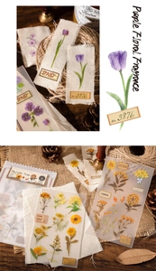 Nahaufnahme von Vintage-Blumen-PVC-Stickern und Baumwoll-Leinen-Labels für Scrapbooking