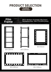 Detailed PET stickers showcasing five vintage film frame designs with film hole patterns