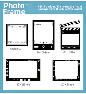 Detail view of vintage PET frame stickers set with camera and film motifs for scrapbooking
