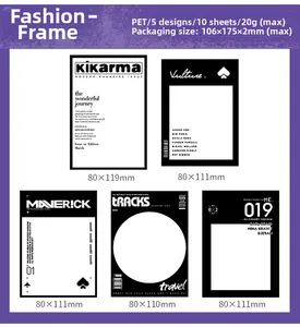Detail view of vintage PET frame stickers with size specifications for journaling
