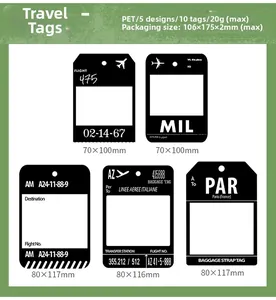 Macro detail of PET travel stickers featuring baggage tags and flight ticket frame designs