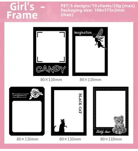 Macro shot of 10 clear PET decorative frame stickers with retro black floral patterns