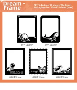 Detail view of monochrome PET frame stickers featuring astronaut and butterfly designs
