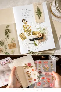 Detailed view of vintage plant transfer stickers for journaling and DIY crafts