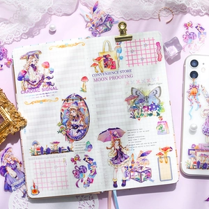 Autocollants PET fille magique pour journal intime avec illustrations vintage violet