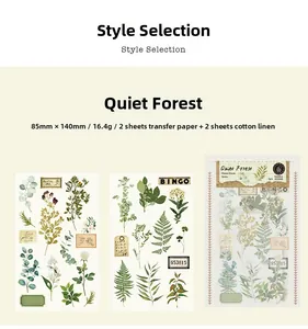 Detail of floral forest stickers with cotton linen fabric for botanical journaling decor