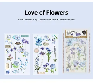 Detail of blue floral transfer stickers and cotton linen fabric sheets for journaling