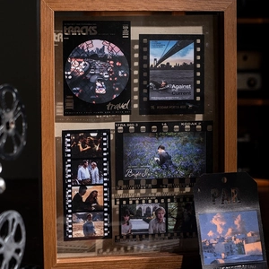 Retro movie film stickers with vintage wooden frames for scrapbook decoration
