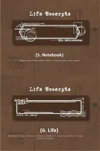 Detail van vintage houten stempels met Life Excerpts design en afmetingen 65x20x24mm