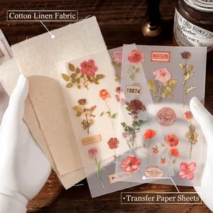 Vintage DIY Sticker Set Blumenwald mit Leinenstoff und retro Blumendesigns fuer Bastler
