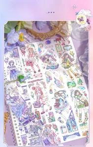 Detail of dreamlike PET sticker tapes featuring colorful anime girls and floral motifs