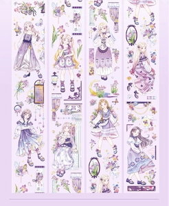 Detailed PET tape strip featuring purple anime girl illustrations and floral motifs