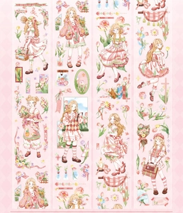 Close-up of PET tape featuring vintage floral girl illustrations and tulip patterns
